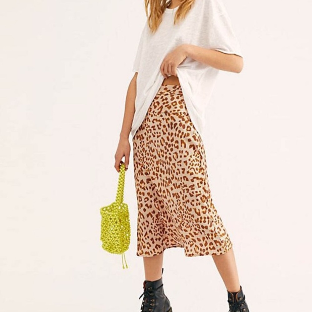 Free People Normani Leopard Print Bias Cut Midi Skirt Camel Combo in size 2